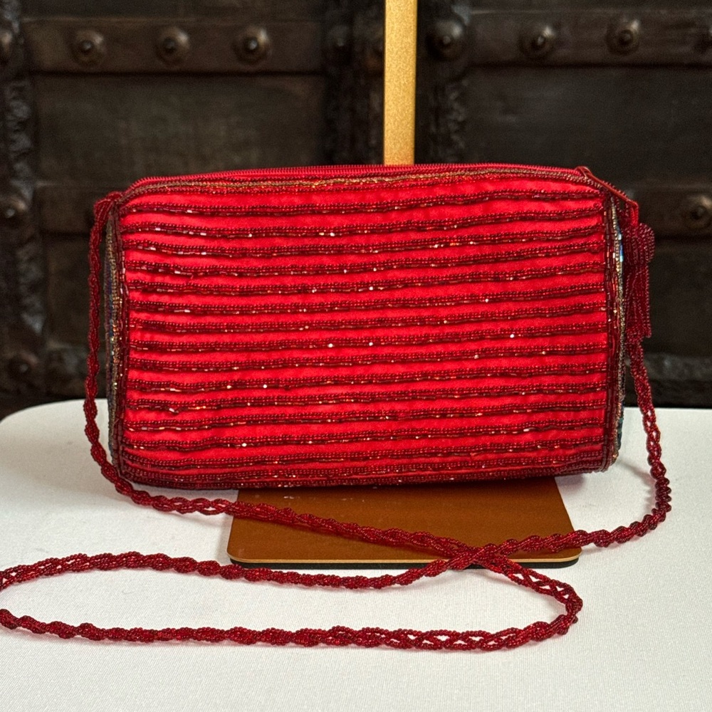 Elegant Red Detailed Bead Design Crossbody Bag with Beaded Strap